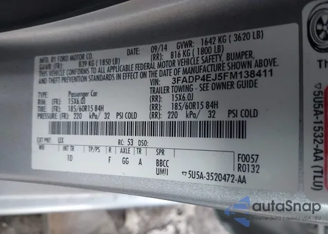 2015 Ford Fiesta Se z USA, uszkodzony, nr VIN 3FADP4EJ5FM138411